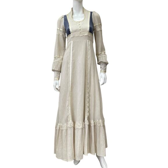 Gunne Sax Style Vintage 1970’s Peasant Dress Blue Velvet Panels Maxi Length XS - Picture 3 of 13